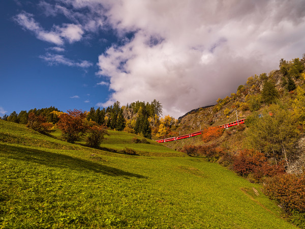 Unterwegs mit der Rhätischen Bahn bei herrlicher Herbststimmung bei Ardez im Unterengadin.