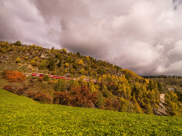 Unterwegs mit der Rhätischen Bahn bei herrlicher Herbststimmung bei Ardez im Unterengadin.