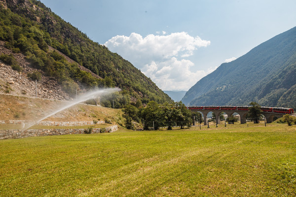 Der Bernina Express auf dem Kreisviadukt bei Brusio im Puschlav.