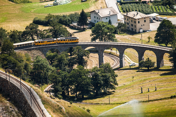 Der Bernina Nostalgie Express der Rhätischen Bahn unterwegs auf dem berühmten Kreisviadukt bei Brusio im Puschlav.