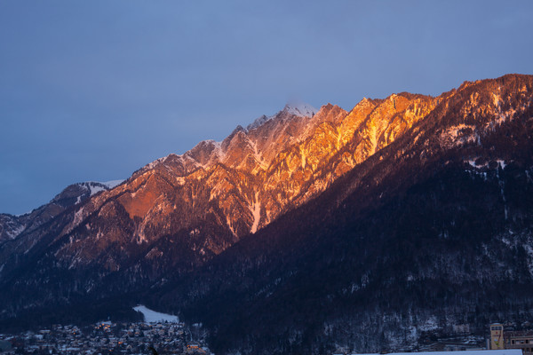 Abendstimmung über Chur im Bündner Rheintal, Graubünden, Schweiz