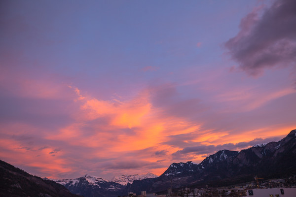 Morgenrot über Chur, Rheintal, Graubünden, Schweiz, Switzerland