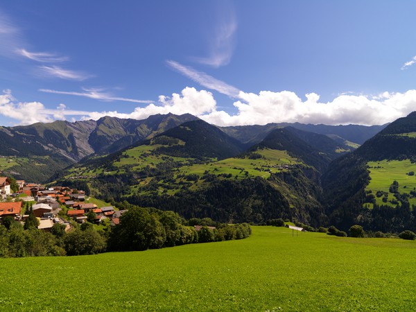 Blick von Cumel auf die Dörfer Duvin, Pitasch und Riein