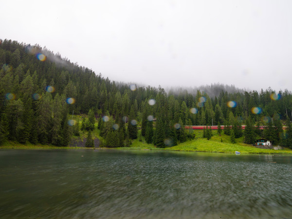Die RhB bei Nebel und Regen beim Schwarzsee unterhalb von Davos
