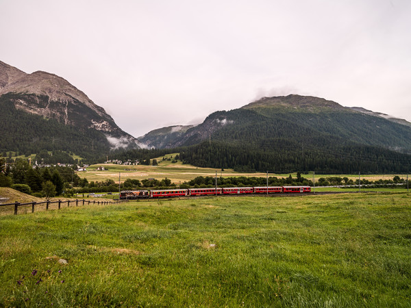 Die Rhätische Bahn bei La Punt?Chamues-ch im Oberengadin, Engadin, Graubünden, Schweiz,
