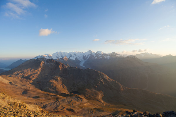 Sonnenuntergang am Piz Languard bei Pontresina, Oberengadin, Engadin, Graubünden, Schweiz, Switzerland, Wandern, kalt, Weitsicht