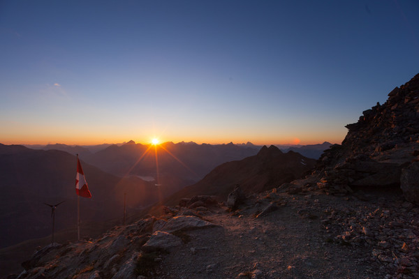 Sonnenuntergang am Piz Languard bei Pontresina, Oberengadin, Engadin, Graubünden, Schweiz, Switzerland, Wandern, kalt, Weitsicht