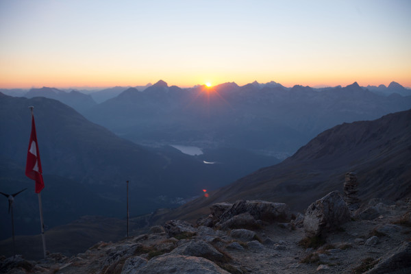 Sonnenuntergang am Piz Languard bei Pontresina, Oberengadin, Engadin, Graubünden, Schweiz, Switzerland, Wandern, kalt, Weitsicht