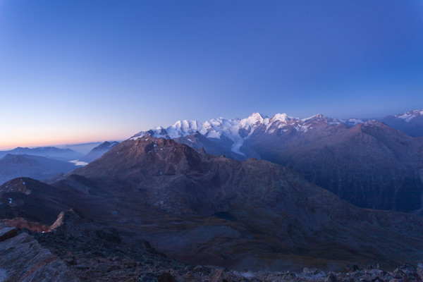 Sonnenaufgang am Piz Languard bei Pontresina, Oberengadin, Engadin, Graubünden, Schweiz, Switzerland, Wandern, kalt, Weitsicht