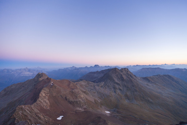 Sonnenaufgang am Piz Languard bei Pontresina, Oberengadin, Engadin, Graubünden, Schweiz, Switzerland, Wandern, kalt, Weitsicht