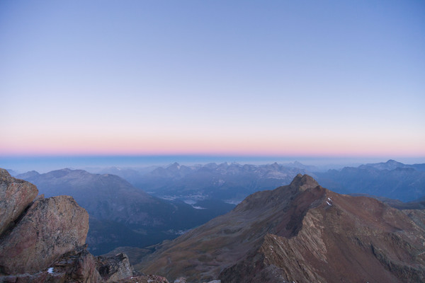 Sonnenaufgang am Piz Languard bei Pontresina, Oberengadin, Engadin, Graubünden, Schweiz, Switzerland, Wandern, kalt, Weitsicht