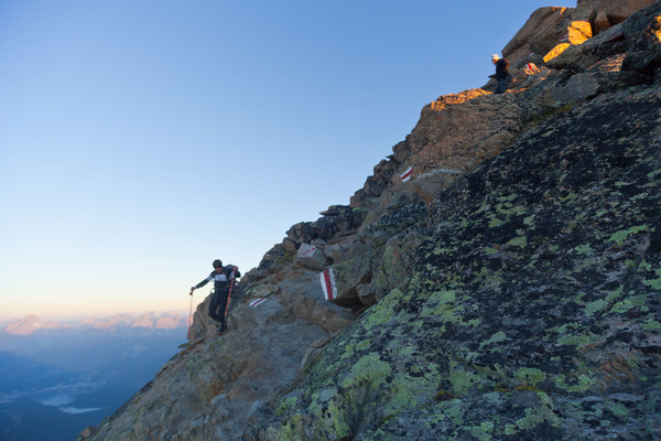 Sonnenaufgang am Piz Languard bei Pontresina, Oberengadin, Engadin, Graubünden, Schweiz, Switzerland, Wandern, kalt, Weitsicht