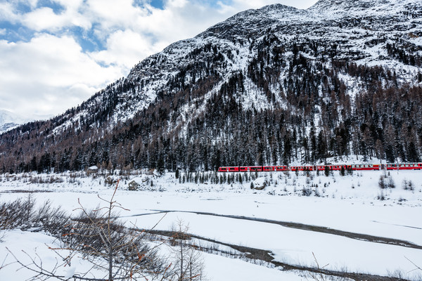 Ein Allegra-Triebzug der rhätischen Bahn bei Morteratsch im Oberengadin.