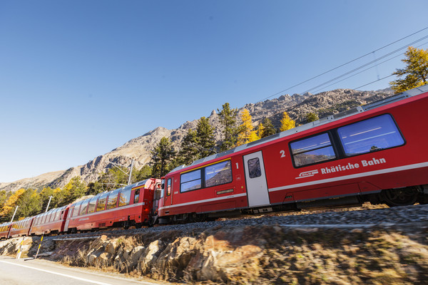 Der Bernina Express der Rhätischen Bahn bei Las Plattas unterhalb von Bernina Suot am Berninapass im Oberengadin.