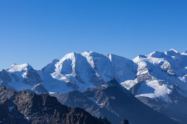 Die Bernina-Gruppe mit Piz Palü, Bernina, Bellavista und Piz Morteratsch, gesehen vom Piz Lanquard