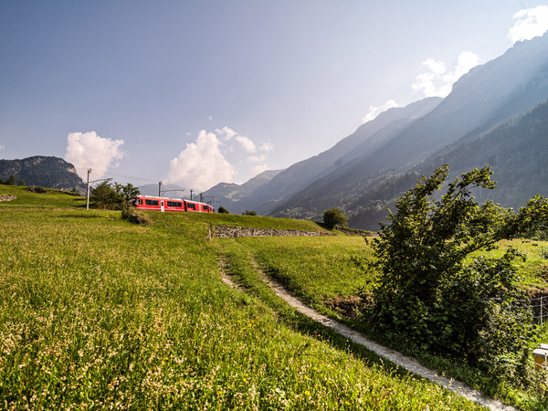 Allegra-Triebzug der Rhätischen Bahn bei Poschiavo im Puschlav.