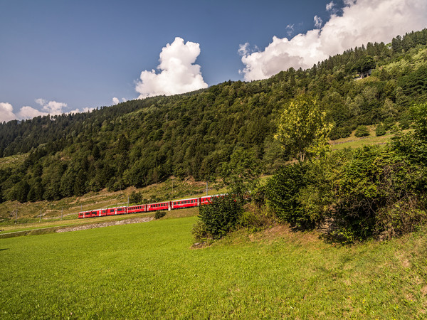 Allegra-Triebzug der Rhätischen Bahn bei Poschiavo im Puschlav.