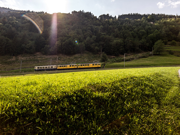 Der Bernina Nostalgie Express oberhalb von Poschiavo im Puschlav.