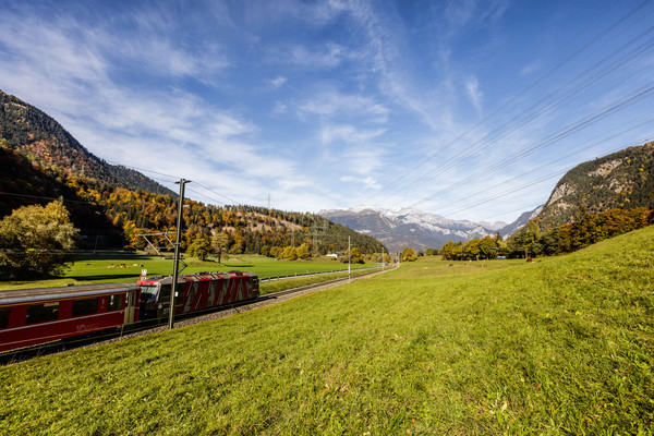 Die Rhätische Bahn bei Rhäzüns, Graubünden.