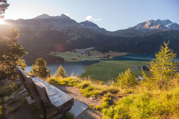 Blick auf Surlej von einem Aussichtspunkt oberhalb von Silvaplana, Oberengadin, Graubünden