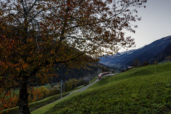 Die Rhätische Bahn in der Abendstimmung bei Sumvitg im Bündner Oberland, Graubünden, Schweiz.