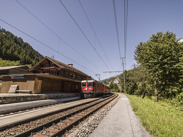 Einfahrt der Rhätischen Bahn im Bahnhof Tavanasa/Breil-Brigels