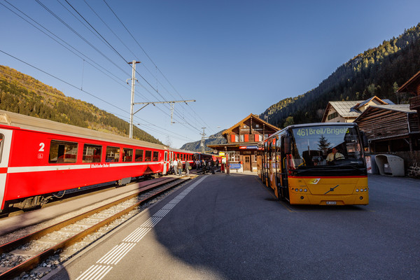 Die Rhätische Bahn beim Bahnhof Tavanasa in der Surselva, Graubünden